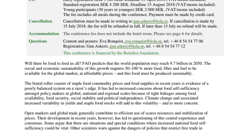 Global Food Security – Berteboskonferensen 26–28 augusti 2018