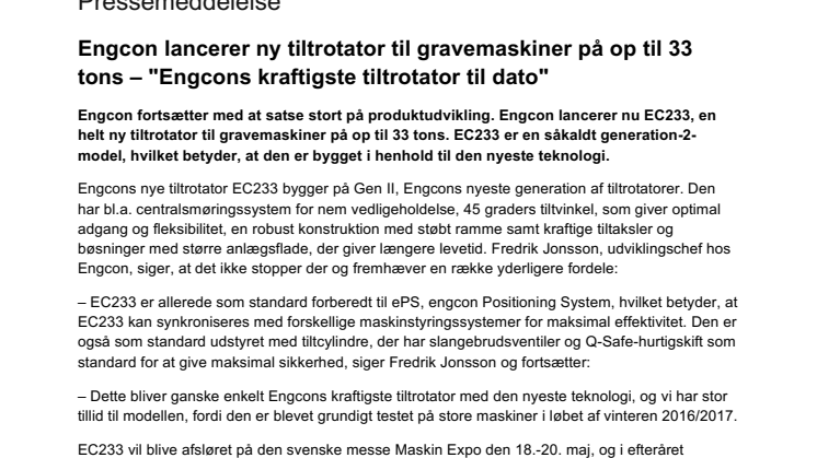 Engcon lancerer ny tiltrotator til gravemaskiner på op til 33 tons – "Engcons kraftigste tiltrotator til dato"