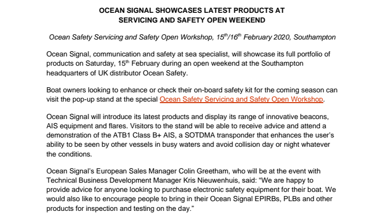 Ocean Signal Showcases Latest Products at Servicing and Safety Open Weekend