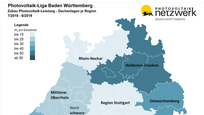 Photovoltaik-Liga Baden-Württemberg: Zubau bei Photovoltaik-Dachanlagen zwischen Mitte 2018 und Mitte 2019 nach Regionen im Südwesten.