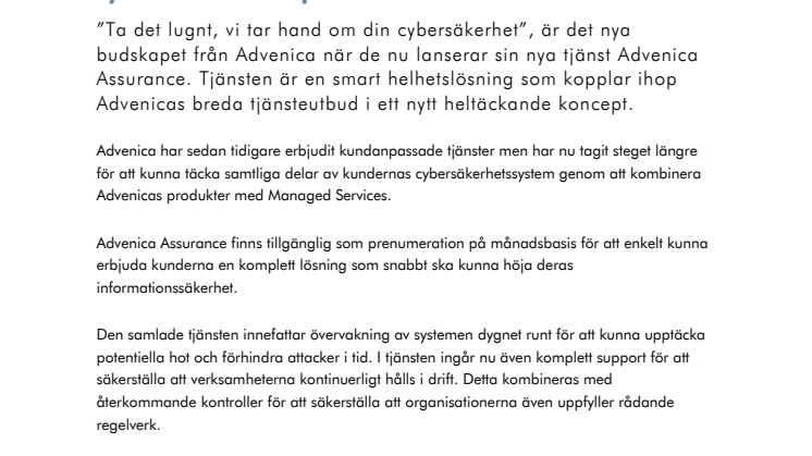 Advenica lanserar smart heltäckande cybersäkerhetstjänst