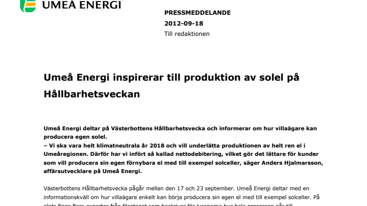 Umeå Energi inspirerar till produktion av solel på Hållbarhetsveckan