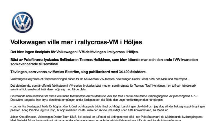 Volkswagen ville mer i rallycross-VM i Höljes