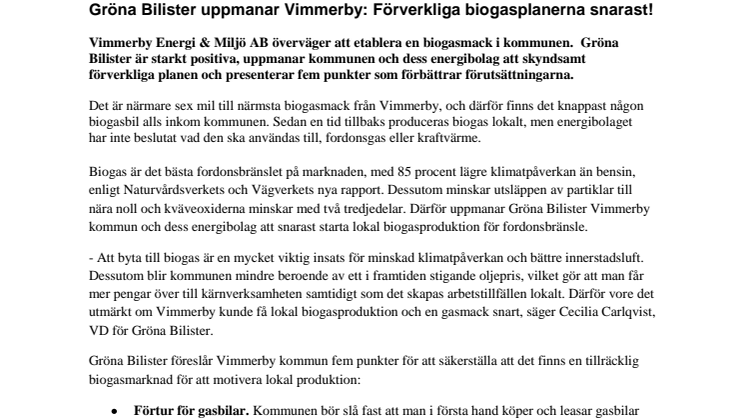 Gröna Bilister uppmanar Vimmerby: Förverkliga biogasplanerna snarast!