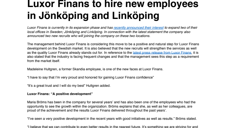 Luxor Finans to hire new employees in Jönköping and Linköping