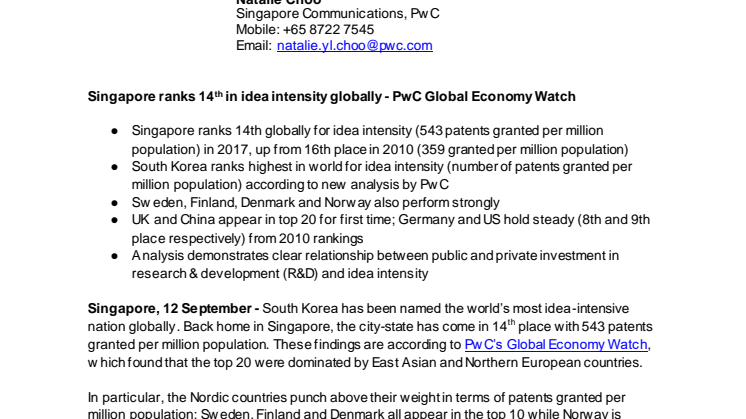 Singapore ranks 14th in idea intensity globally - PwC Global Economy Watch