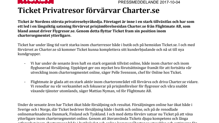 Ticket Privatresor förvärvar Charter.se