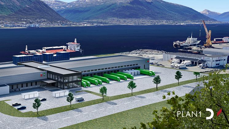Slik vil Posten og Brings nye logistikksenter i Breivika i Tromsø se ut når det er ferdig.
