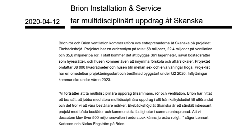 Brion Installation & Service tar multidisciplinärt uppdrag åt Skanska 