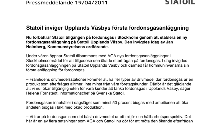 Statoil inviger Upplands Väsbys första fordonsgasanläggning 
