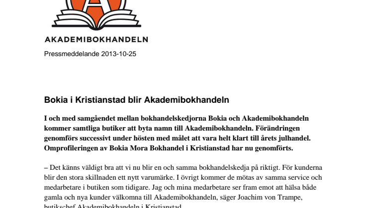 Bokia i Kristianstad blir Akademibokhandeln 