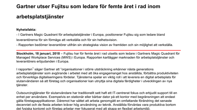 Gartner utser Fujitsu som ledare för femte året i rad inom arbetsplatstjänster