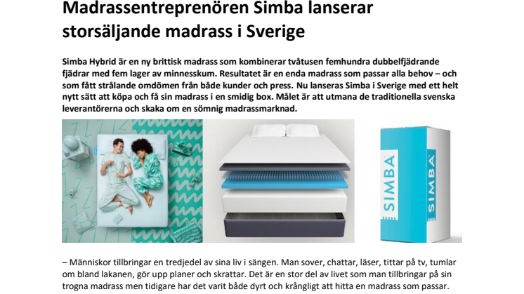 Madrassentreprenören Simba lanserar storsäljande madrass i Sverige