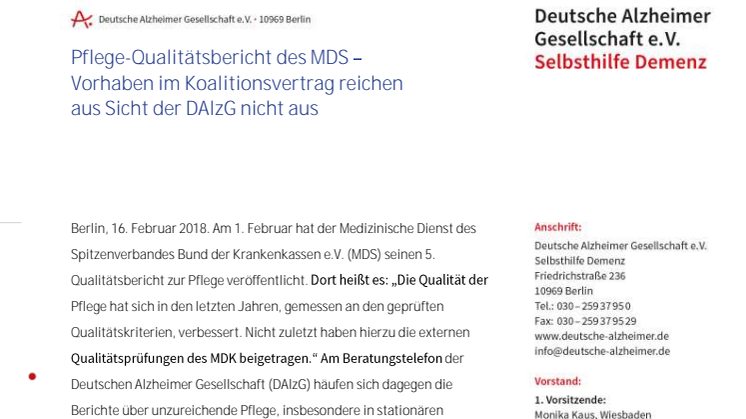 Pflege-Qualitätsbericht des MDS – Vorhaben im Koalitionsvertrag reichen aus Sicht der DAlzG nicht aus