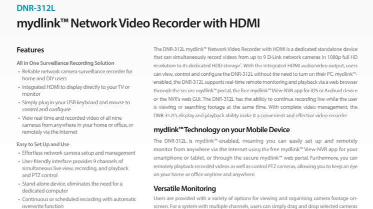 Produktblad, mydlink Network Video Recorder with HDMI DNR-312L