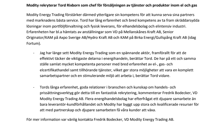 Modity rekryterar Tord Rixborn som chef för försäljningen av tjänster och produkter inom el och gas