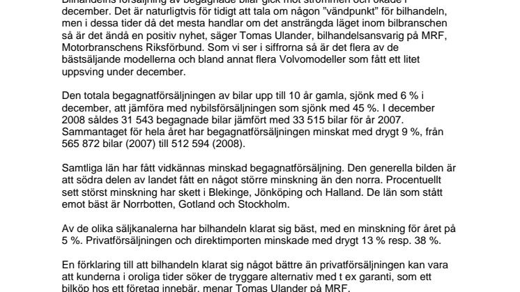 Ökad begagnatförsäljning inom bilhandeln i december