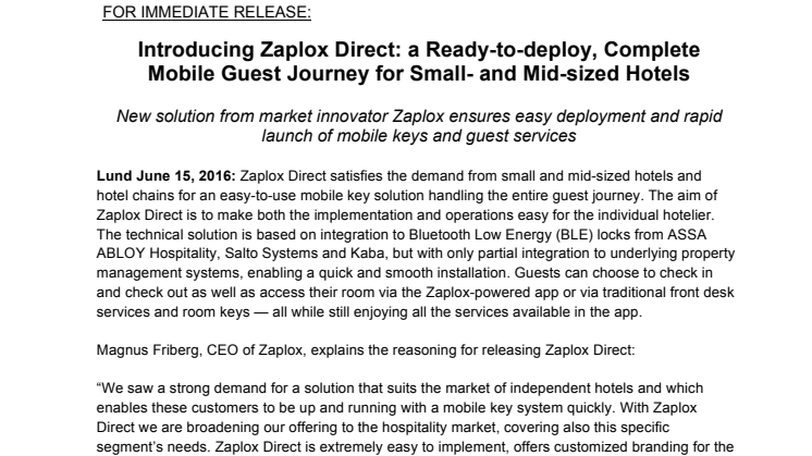 Introducing Zaplox Direct: a Ready-to-deploy, Complete Mobile Guest Journey for Small- and Mid-sized Hotels