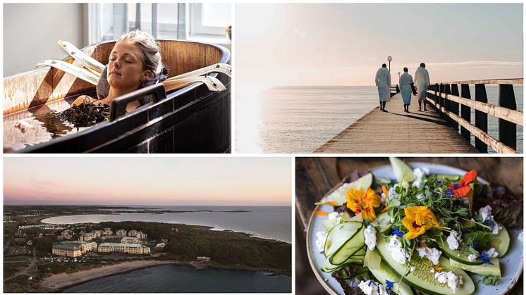 Tangbad på Varbergs Kusthotell som ligger i strandkanten på Kåsa Strand. Foto: Varberg Kunsthotell. Isbading i Falkenberg. Foto: Falkenberg Strandbad. Grønnsaksrett på Stedsans. Foto: Anders Husa