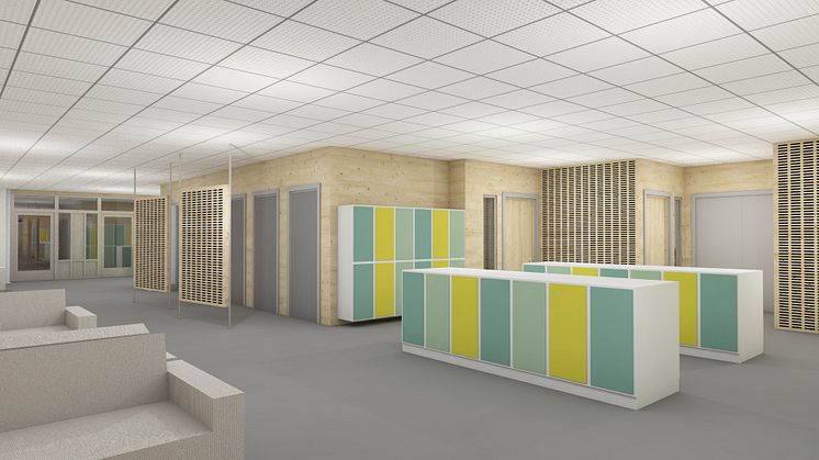 Exempel på interiör i den kommande skolbyggnaden som bland annat ska rymma tillagningskök, matsal och klassrum.