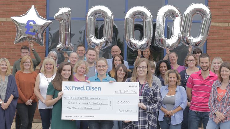 Staff at Fred. Olsen’s Head Office in Ipswich host a charity ‘Dress Down Day’ and present Inspire Suffolk, St. Elizabeth Hospice and East Anglia’s Children’s Hospice’s  with their ‘Charity Ball’ cheque for £10,000!