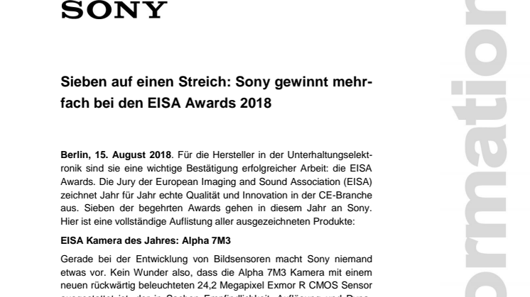 Sieben auf einen Streich: Sony gewinnt mehrfach bei den EISA Awards 2018