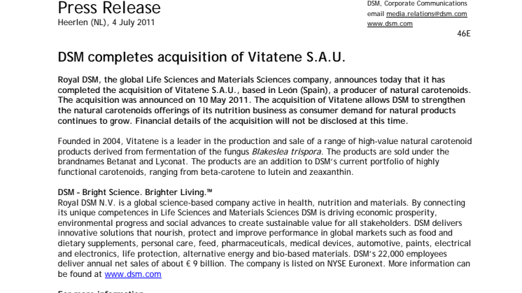 DSM completes acquisition of Vitatene S.A.U.