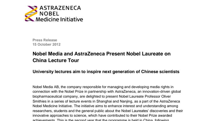 Nobel Media and AstraZeneca Present Nobel Laureate on China Lecture Tour 