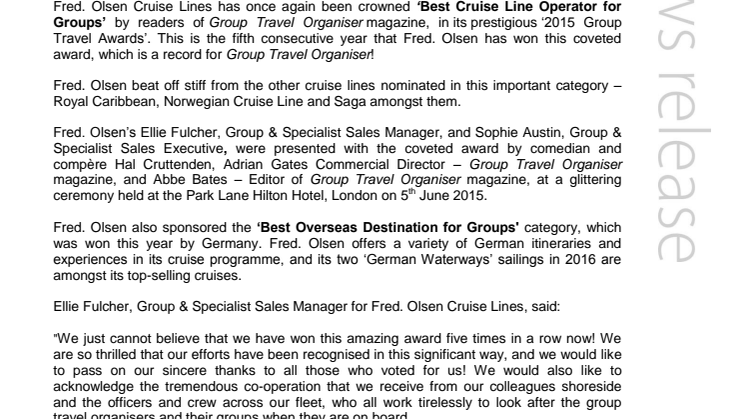 Fred. Olsen Cruise Lines receives top cruise accolade in the ‘2015 Group Travel Awards’, for a record fifth year in a row! 