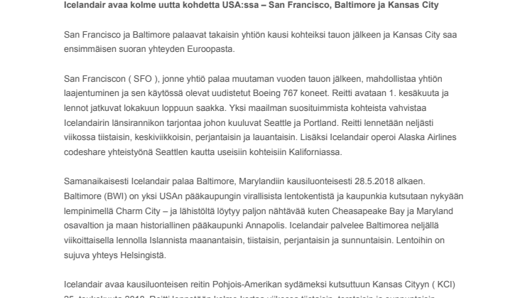 Icelandair avaa kolme uutta kohdetta USA:ssa – San Francisco, Baltimore ja Kansas City