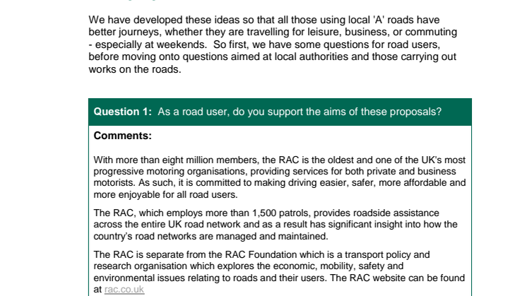 RAC response to DfT consultation on reducing roadwork disruption on local ‘A’ roads