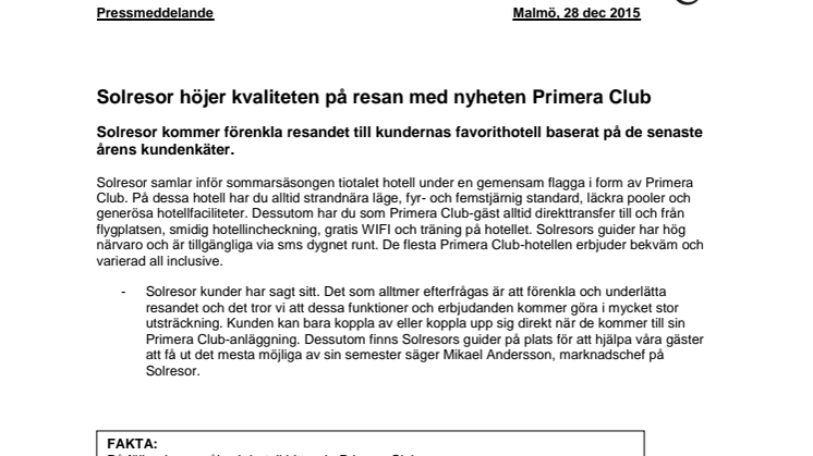 Solresor höjer kvaliteten på resan med nyheten Primera Club