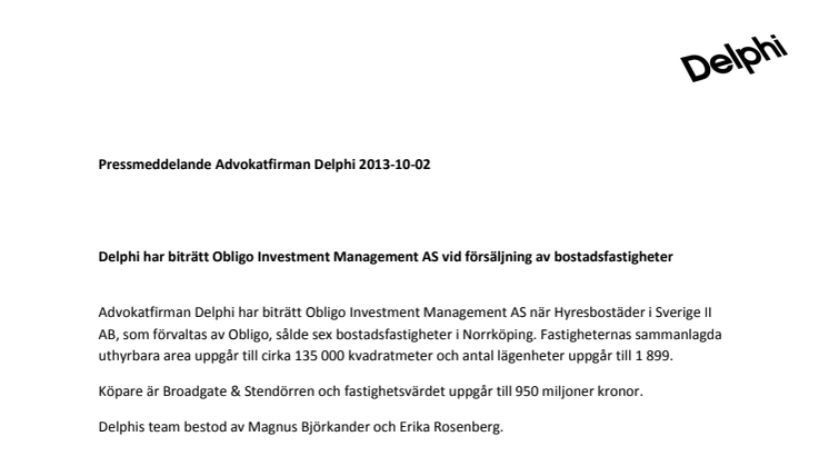 Delphi har biträtt Obligo Investment Management AS vid försäljning av bostadsfastigheter 