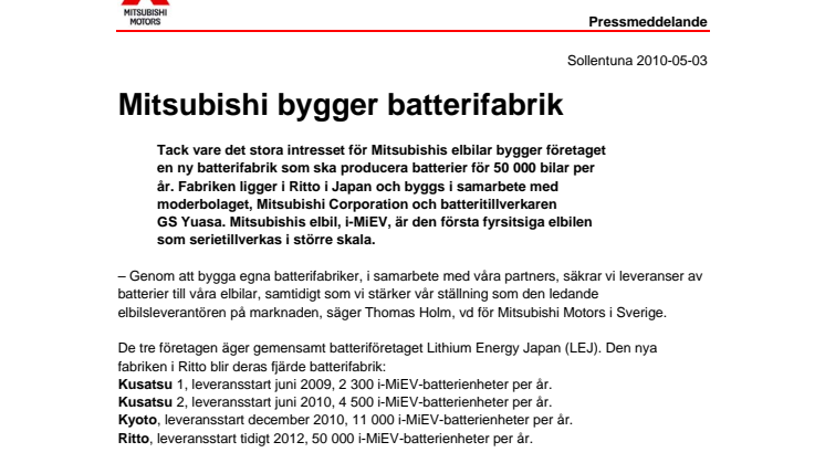 Mitsubishi bygger batterifabrik