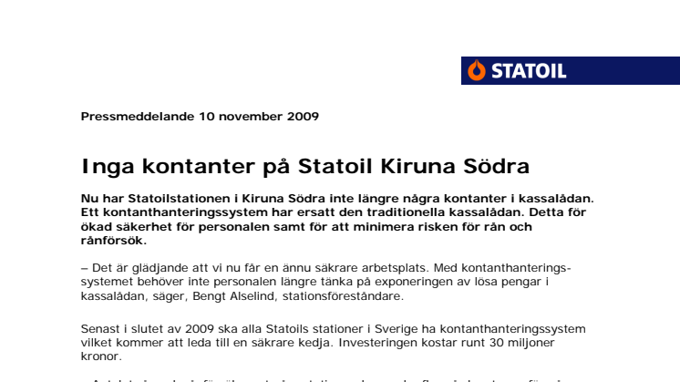 Inga kontanter på Statoil Kiruna Södra