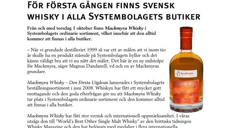 För första gången finns svensk whisky i alla Systembolagets butiker