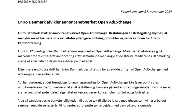 Eniro Danmark afvikler annoncenetværket Open AdExchange