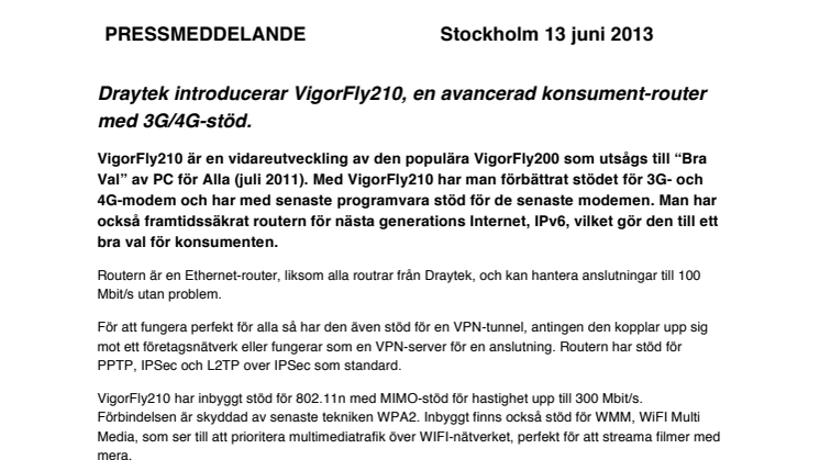 Draytek introducerar VigorFly210, en avancerad konsument-router med 3G/4G-stöd.