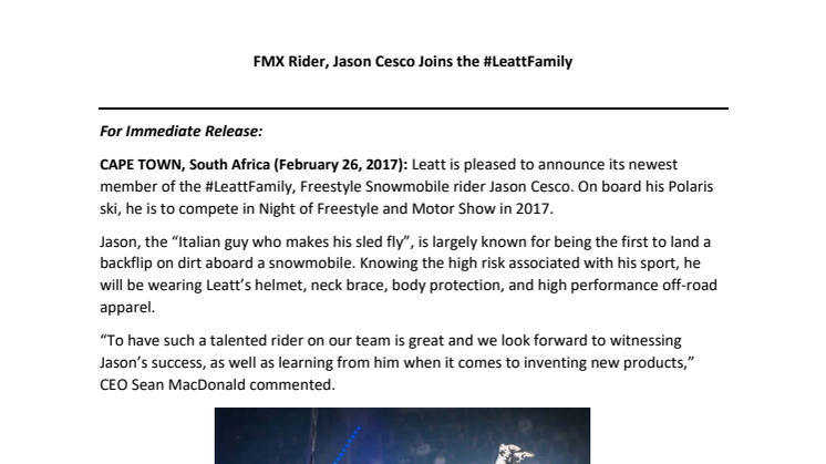 FMX Rider, Jason Cesco Joins the #LeattFamily