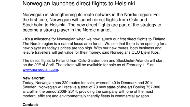 Norwegian launches direct flights to Helsinki 