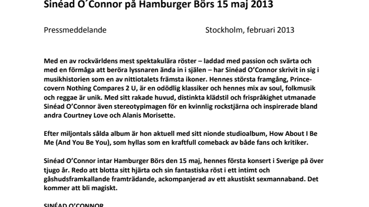 Hamburger Börs presenterar stolt: Sinéad O´Connor 15 maj 2013
