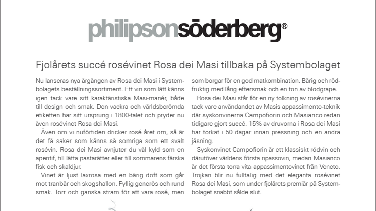 Fjolårets succé rosévinet Rosa dei Masi tillbaka på Systembolaget
