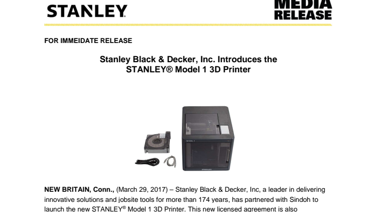 Stanley Black & Decker, Inc. Introduces the  STANLEY® Model 1 3D Printer