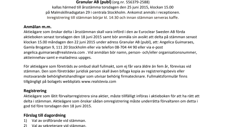 Kallelse till Årsstämma, 25 juni 2015