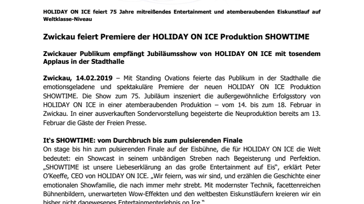 Zwickau feiert Premiere der HOLIDAY ON ICE Produktion SHOWTIME