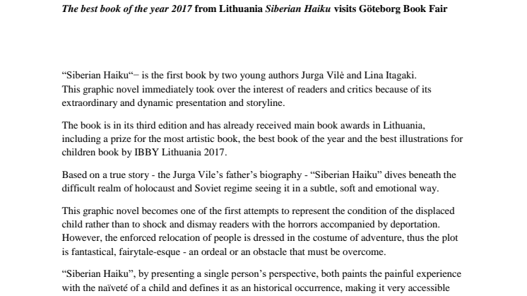 The best book of the year 2017 from Lithuania Siberian Haiku visits Göteborg Book Fair