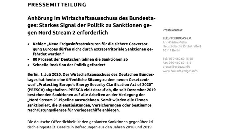 Anhörung im Wirtschaftsausschuss des Bundestages: Starkes Signal der Politik zu Sanktionen gegen Nord Stream 2 erforderlich 