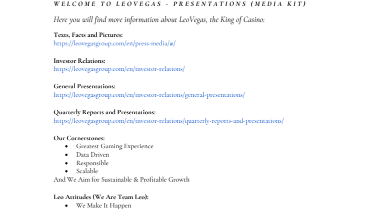 Welcome to LeoVegas - Presentations (Media Kit) 