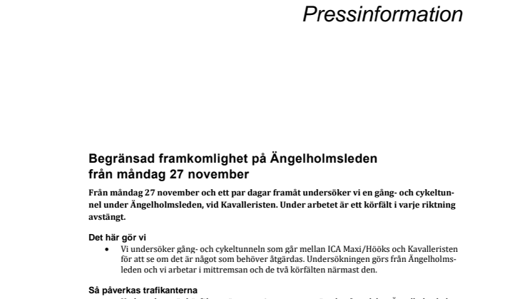 Begränsad framkomlighet på Ängelholmsleden från måndag 27 november