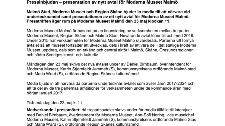 Pressinbjudan – presentation av nytt avtal för Moderna Museet Malmö 